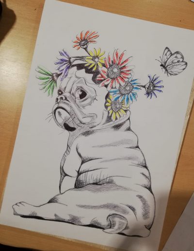 dessin petit dog mignon et fleurs couleur so-tattoo les essarts 85 en vendée