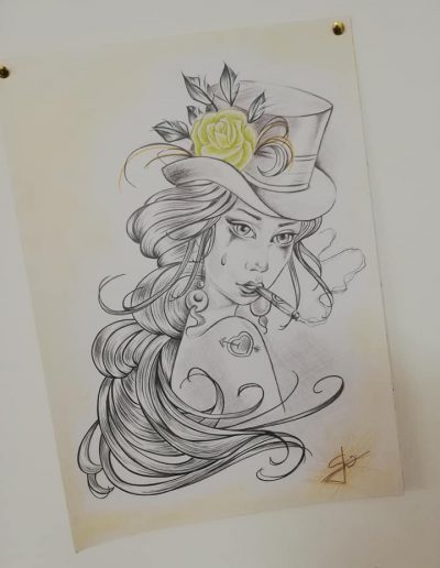 dessin tête femme et chapeau so-tattoo les essarts 85 en vendée