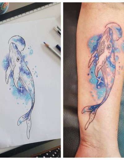 tatouage baleine et etoiles aquarelle avant bras so tattoo les essarts 85