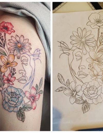 tatouage visage trait et fleur avant bras so tattoo les essarts 85